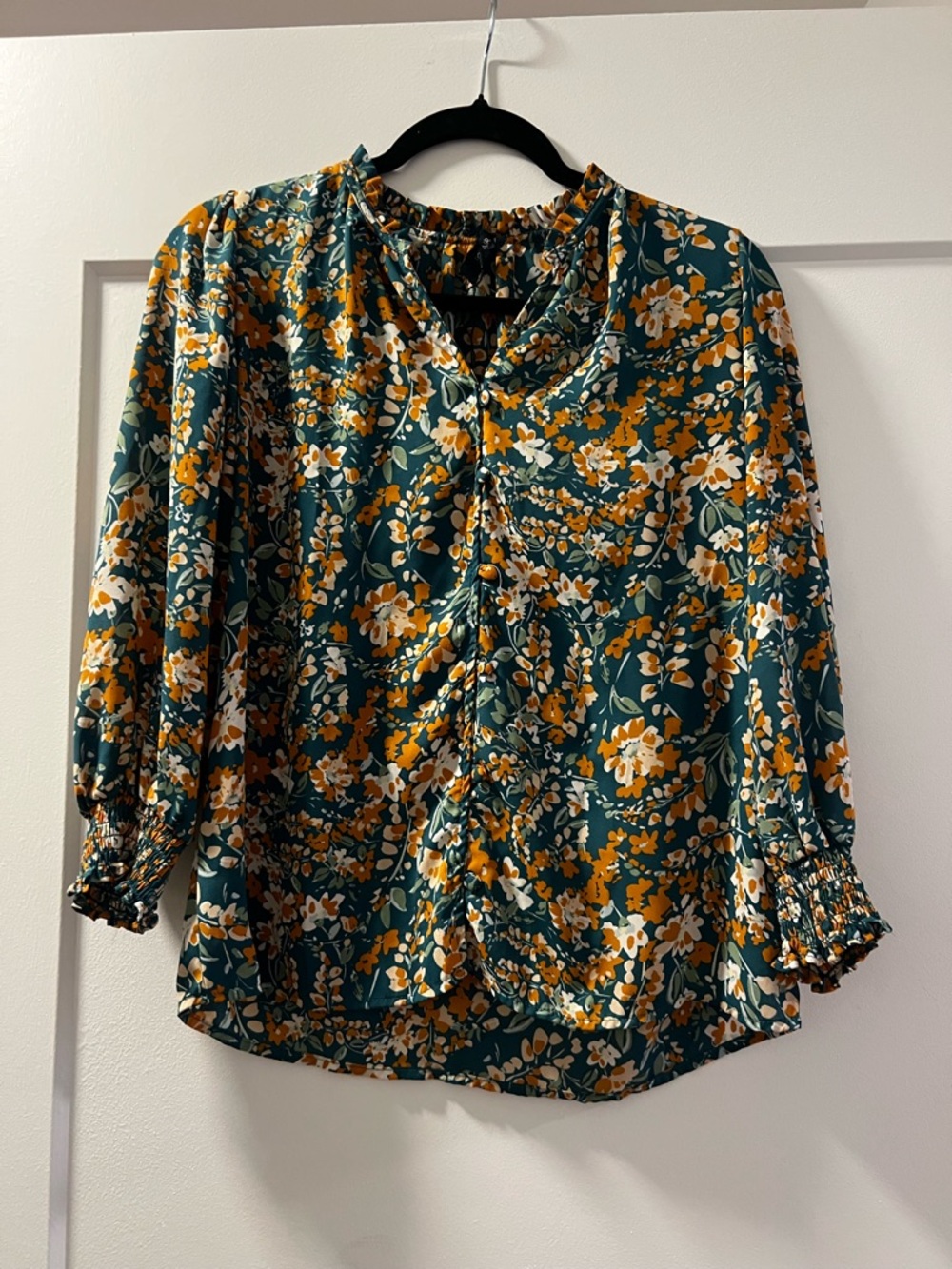 Floral V-Neck Blouse in Teal and Mustard